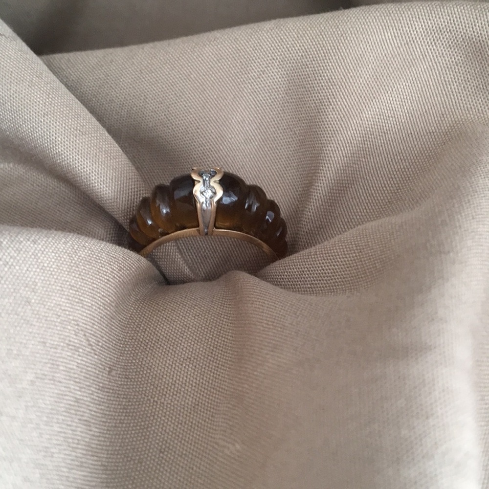 SALE! Tiger Eye/Diamond Dome Ring 14k! Sz 7 - Picture 2 of 4